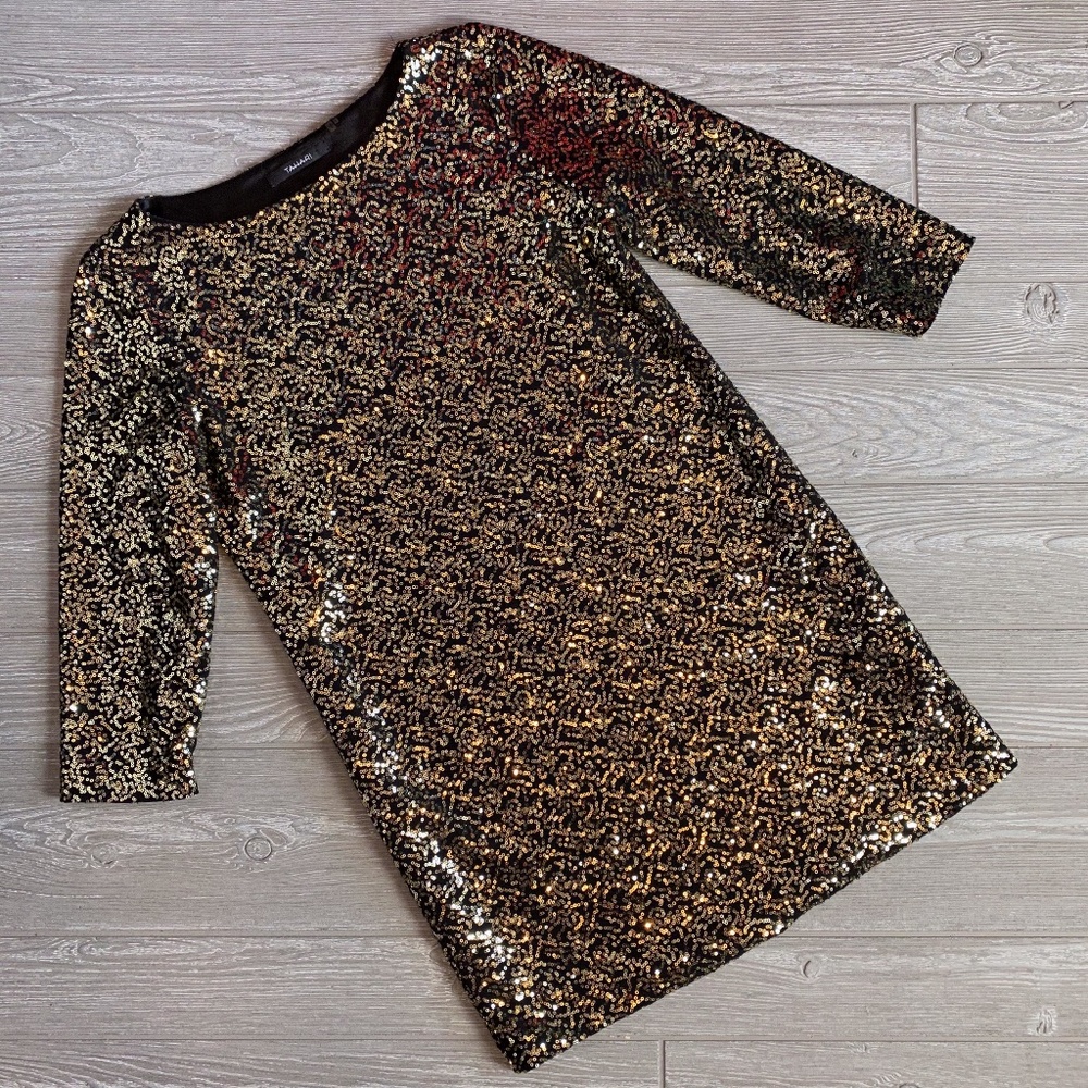 💜 Tahari Black & Gold Sequence Sheila Tunic Dress